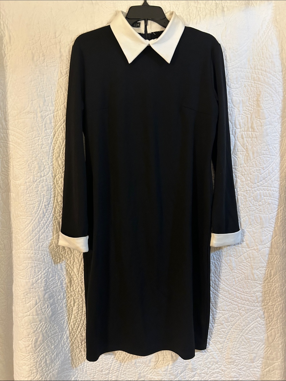 Classic Black Shift Dress with White Collar and Cuffs